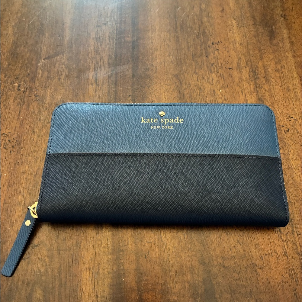 Kate Spade Wallet Zip Around Blue Gold Two Tone E Initial NWOT
